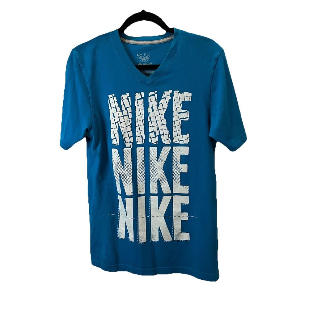 Nike The Athletic Dept Blue V Neck Logo Spellout Graphic Tee Shirt Womens Size S